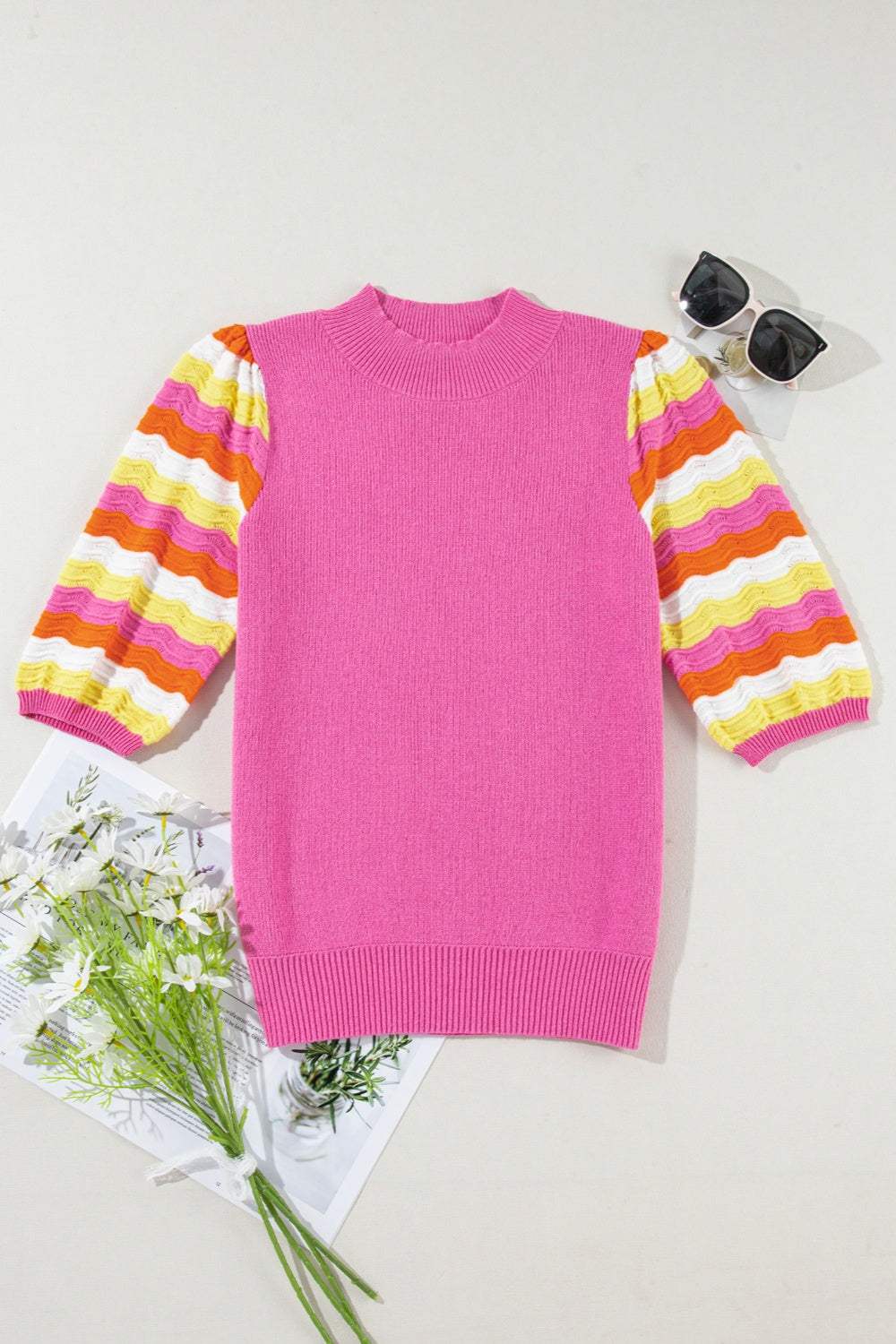 Contrast Half Sleeve Knit Top - Trendsi - Flyclothing LLC