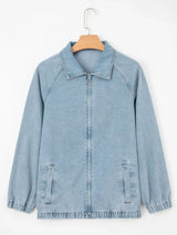 Elastic Edge Collared Zip Up Denim Jacket With Pocket - Trendsi - Flyclothing LLC