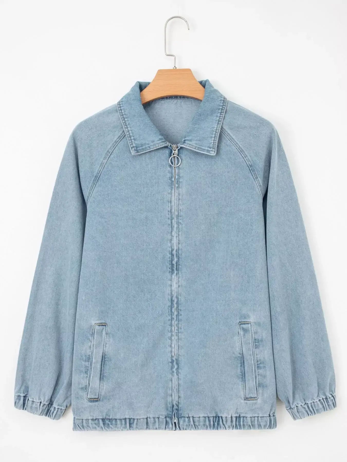 Elastic Edge Collared Zip Up Denim Jacket With Pocket - Trendsi - Flyclothing LLC
