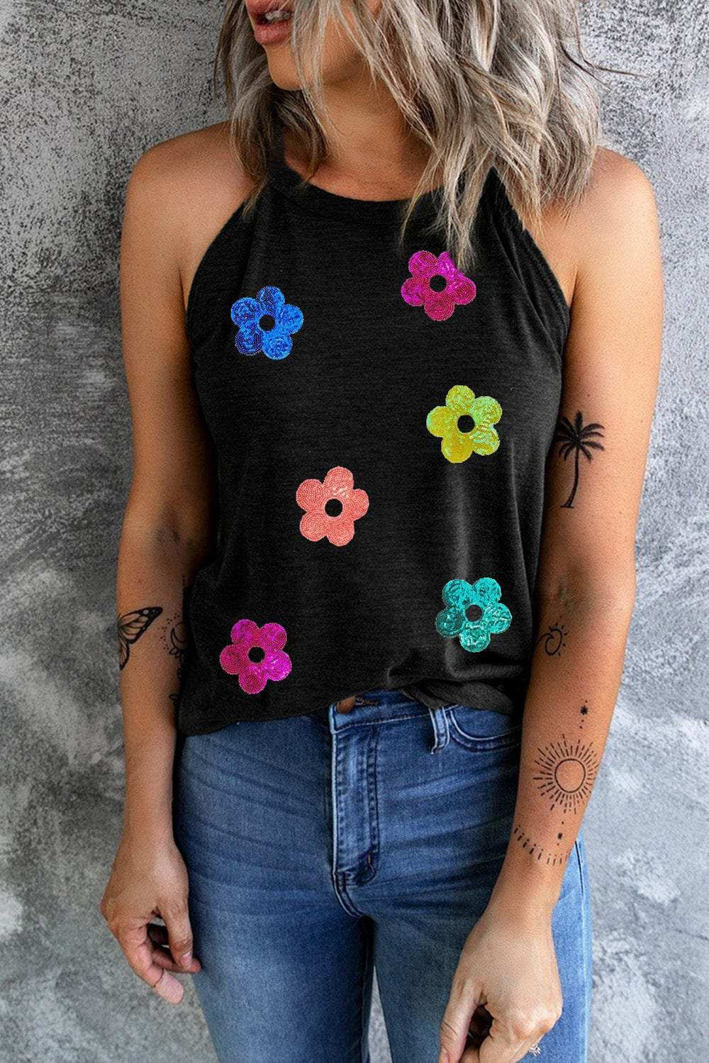 Sequin Flower Round Neck Tank - Trendsi - Flyclothing LLC
