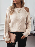 Cable Knit Round Neck Cold Shoulder Sweater - Trendsi
