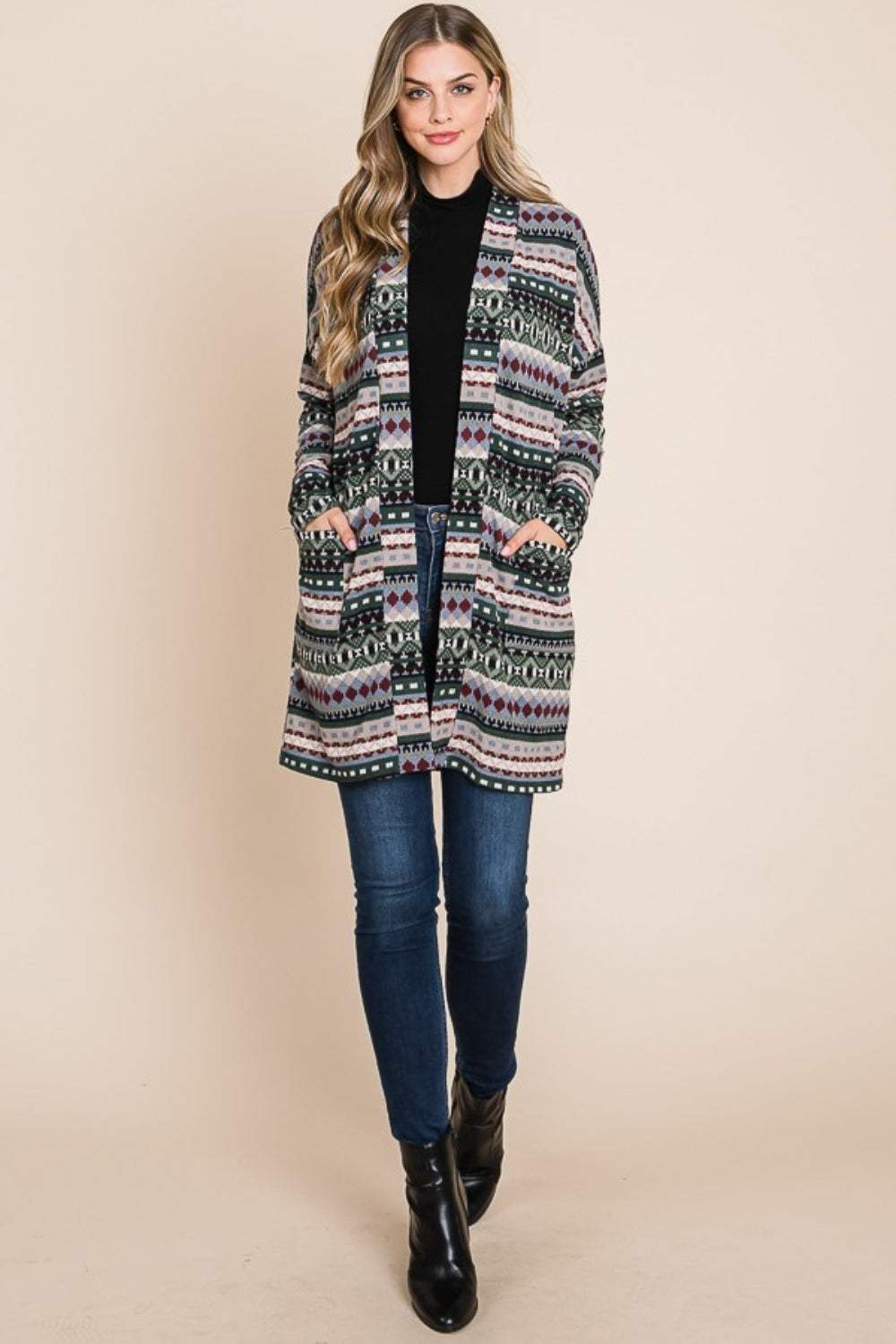 BOMBOM Geometric Open Front Long Sleeve Cardigan with Pockets - Trendsi - Flyclothing LLC