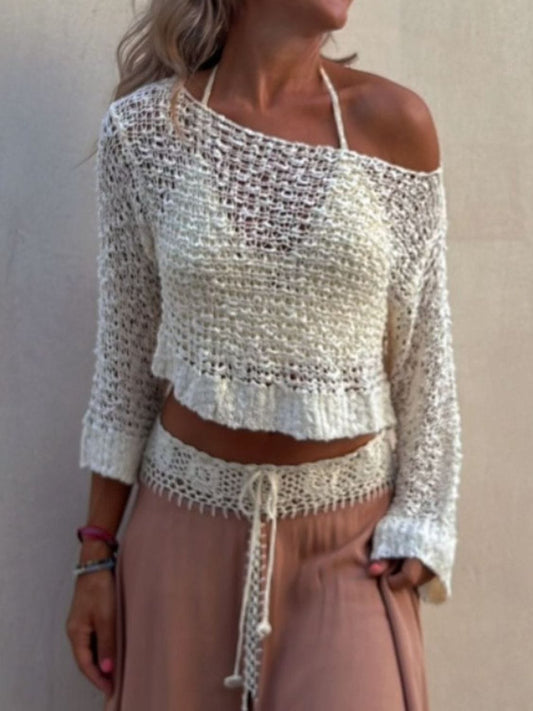 Round Neck Long Sleeve Knit Cover Up - Trendsi