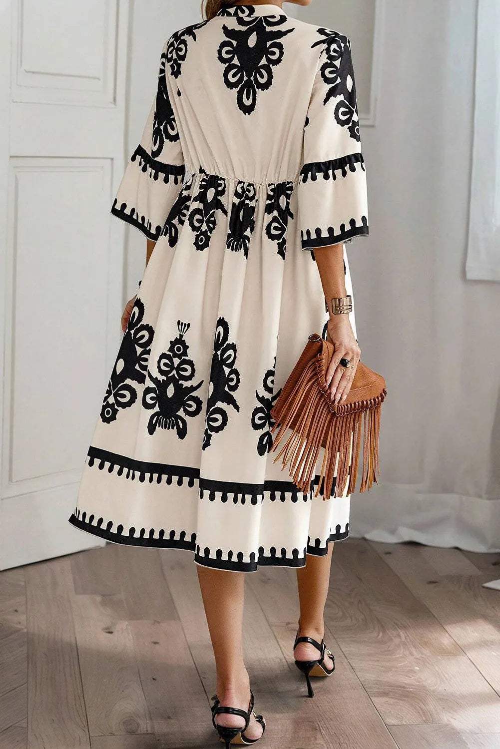Printed Half Sleeve Knee Length Dress - Trendsi - Flyclothing LLC