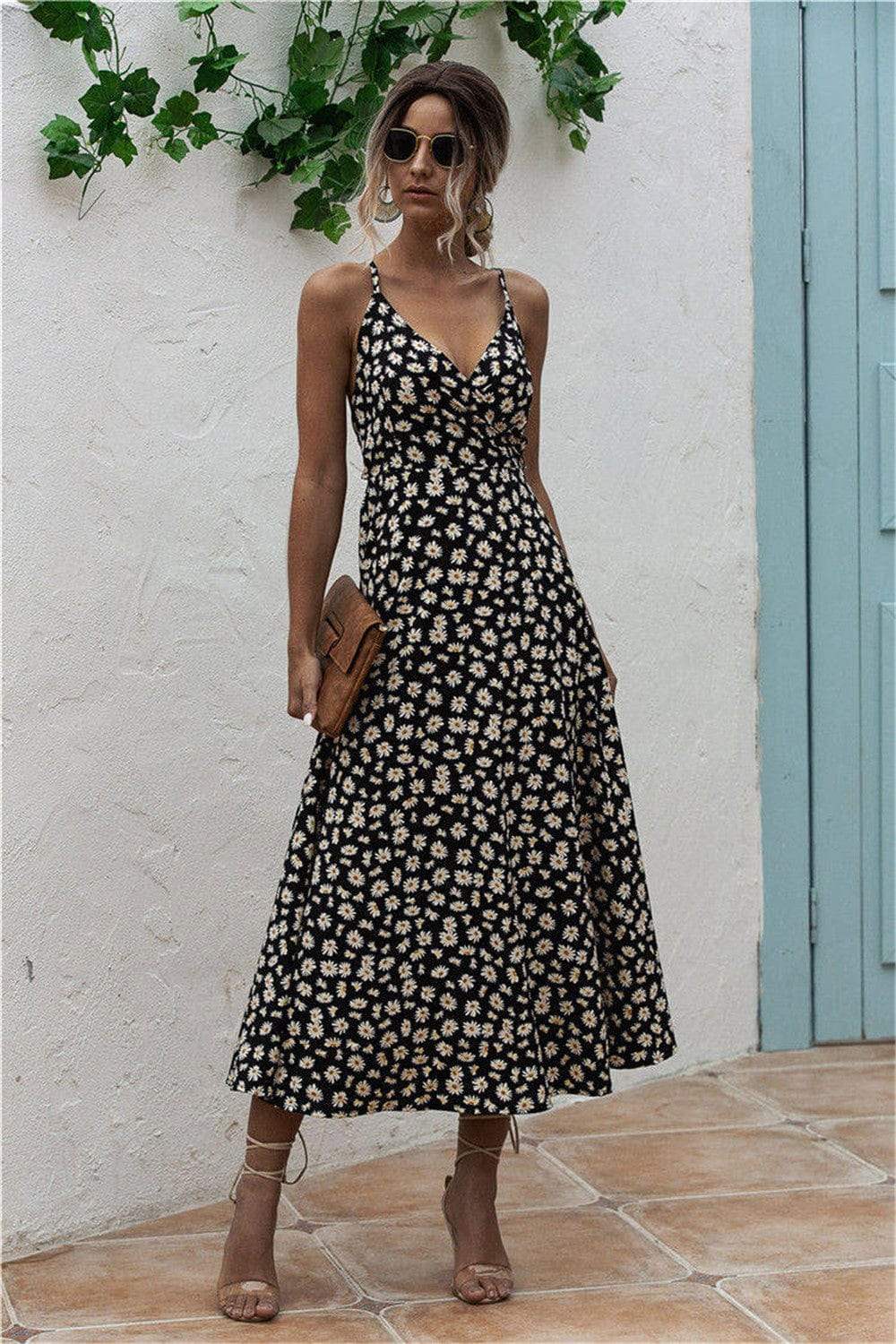 Daisy Print Surplice Midi Cami Dress - Trendsi - Flyclothing LLC