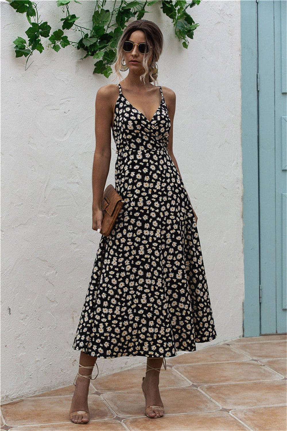 Daisy Print Surplice Midi Cami Dress - Trendsi