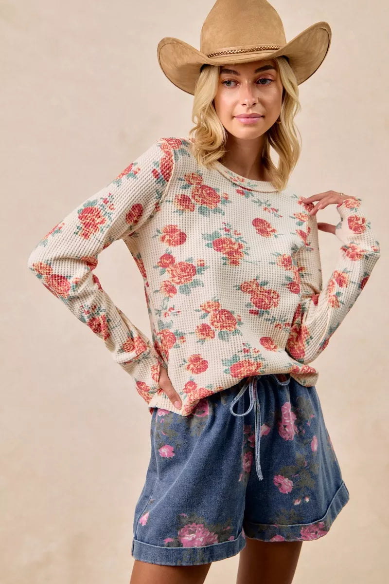BiBi Floral Print Washed Waffle Thermal Top With Thumb - Trendsi - Flyclothing LLC