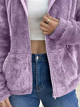 Drawstring Fleece Zip-Up Outerwear - Trendsi - Flyclothing LLC