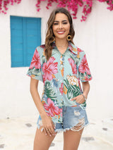 Printed Collared Neck Short Sleeve Shirt - Trendsi - Flyclothing LLC