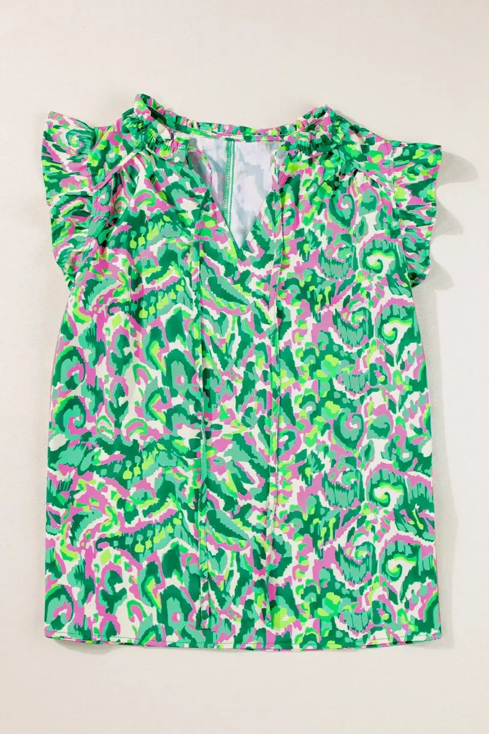 Abstract Print Ruffled Trim Tie Neck Top - Trendsi - Flyclothing LLC