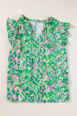 Abstract Print Ruffled Trim Tie Neck Top - Trendsi - Flyclothing LLC