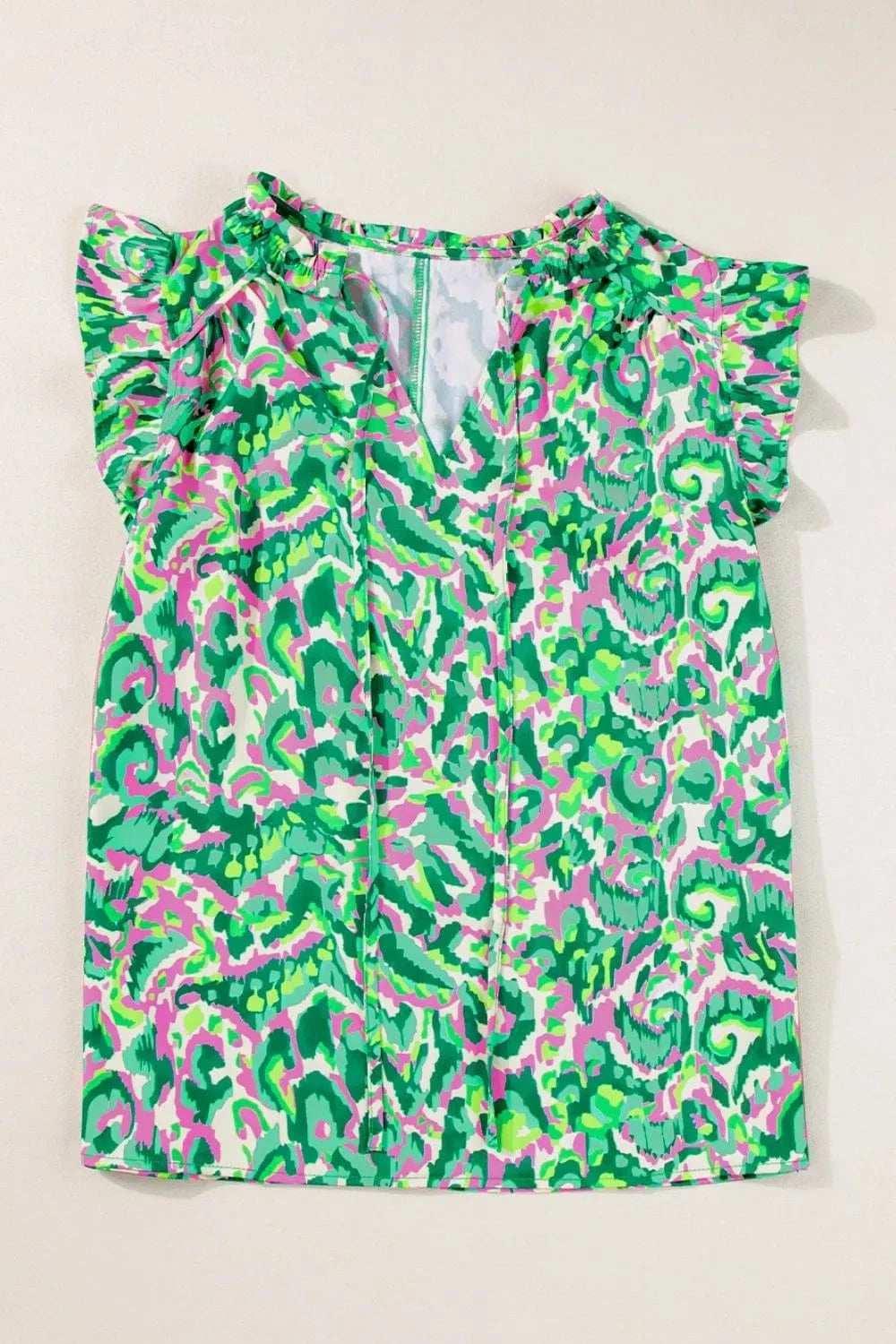 Abstract Print Ruffled Trim Tie Neck Top - Trendsi - Flyclothing LLC