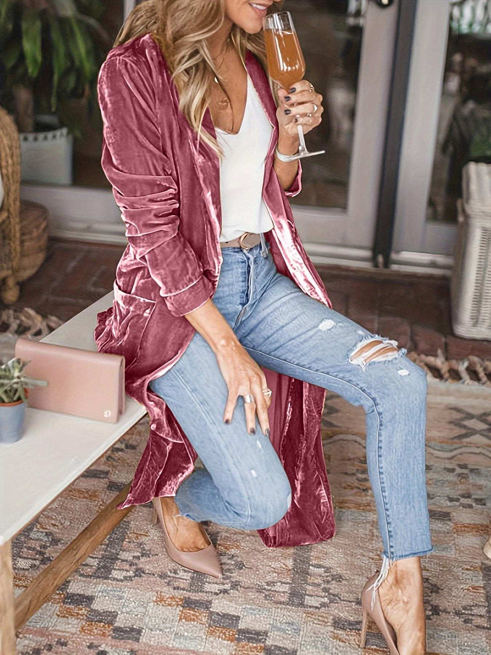 Open Front Long Sleeve Coat - Trendsi - Flyclothing LLC