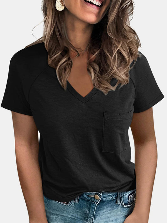 Pocketed V-Neck Short Sleeve T-Shirt - Trendsi