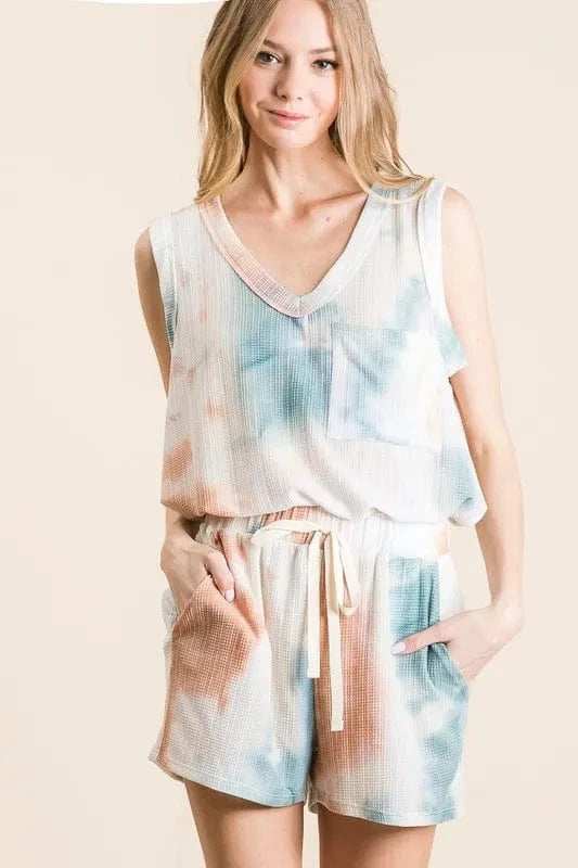 BiBi Tie Dye Textured Knit Top and Shorts Set - Trendsi - Flyclothing LLC
