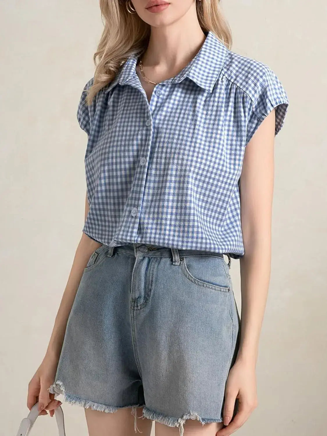 Plaid Button Up Cap Sleeve Shirt - Trendsi - Flyclothing LLC