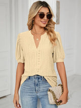 Florira Eyelet Notched Short Sleeve T-Shirt - Trendsi - Flyclothing LLC
