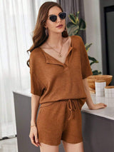 Full Size Waffle-Knit Dropped Shoulder Top and Shorts Set - Trendsi - Flyclothing LLC