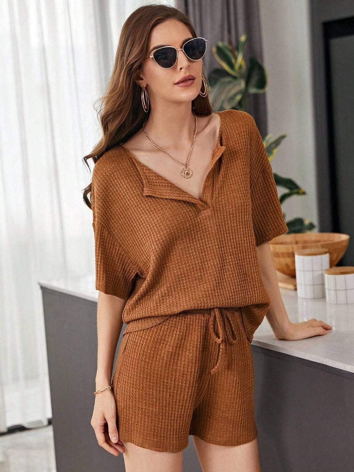 Full Size Waffle-Knit Dropped Shoulder Top and Shorts Set - Trendsi - Flyclothing LLC
