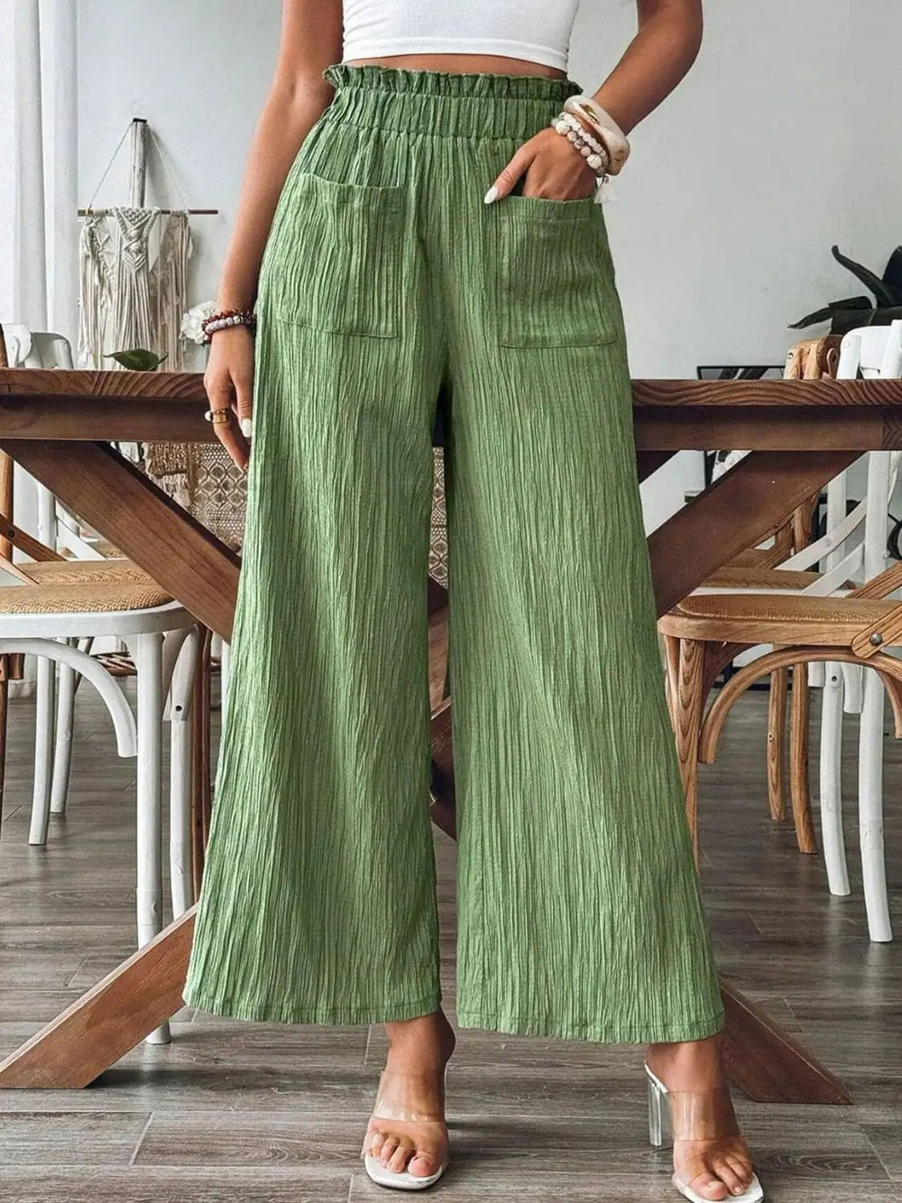 Pocketed Elastic Waist Wide Leg Pants - Trendsi