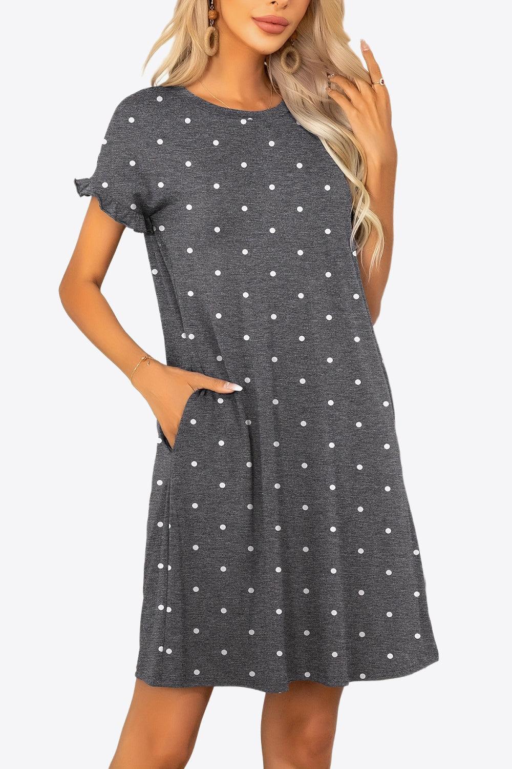 Flounce Sleeve Round Neck Dress with Pockets - Trendsi