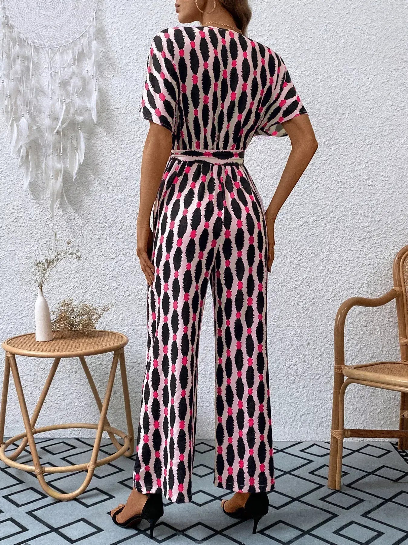 Printed Surplice Tie Waist Short Sleeve Jumpsuit - Trendsi - Flyclothing LLC
