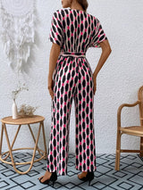 Printed Surplice Tie Waist Short Sleeve Jumpsuit - Trendsi - Flyclothing LLC