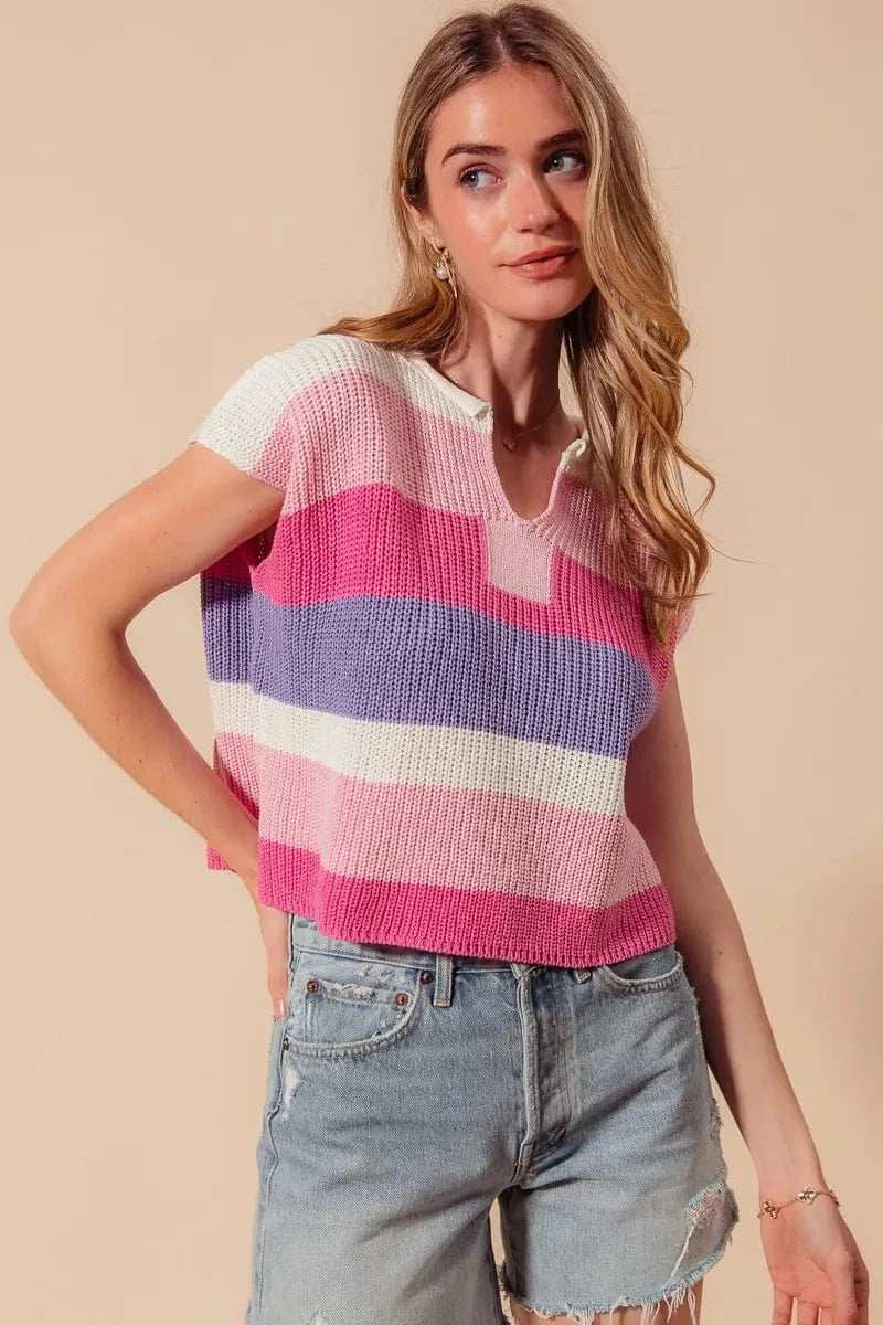 SO ME Multi Color Stripe Loose Fit Cap Sleeve Sweater Top - Trendsi - Flyclothing LLC
