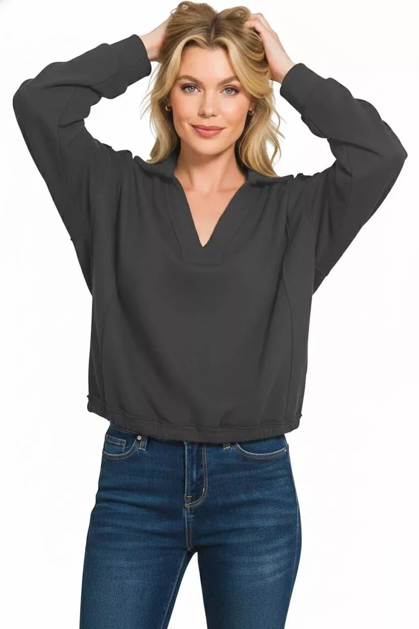 Zenana French Terry Collared Exposed Seam Sweatshirt - Trendsi - Flyclothing LLC