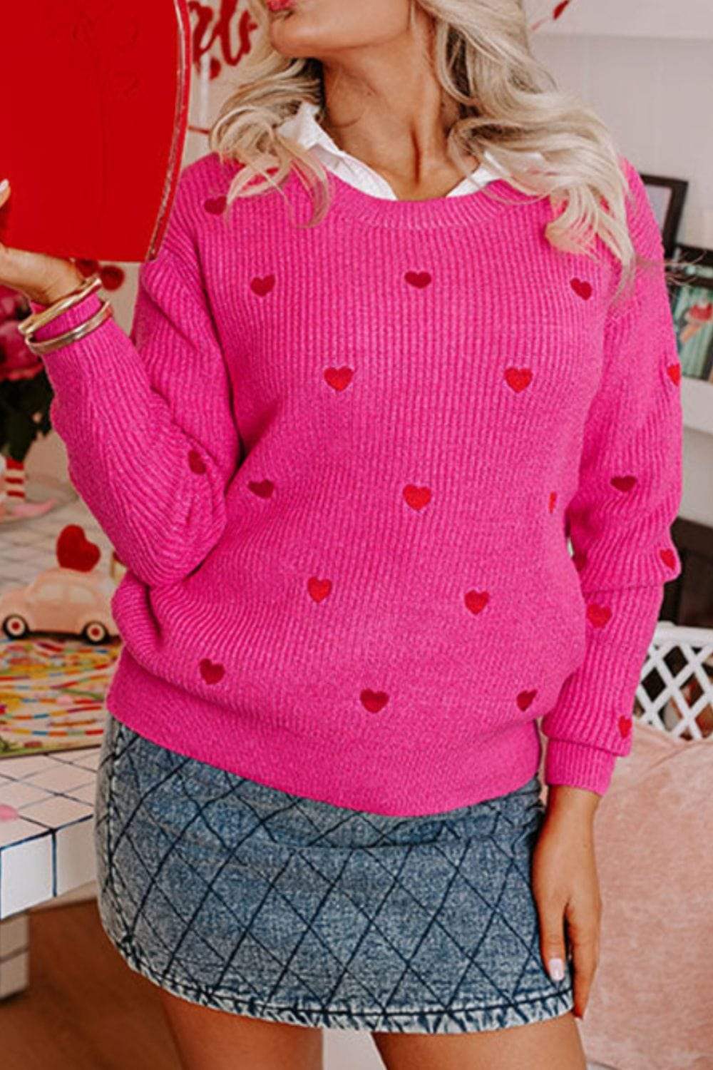 Heart Round Neck Long Sleeve Sweater - Trendsi - Flyclothing LLC