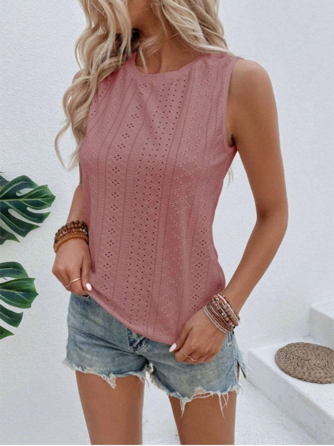 Eyelet Round Neck Tank - Trendsi - Flyclothing LLC