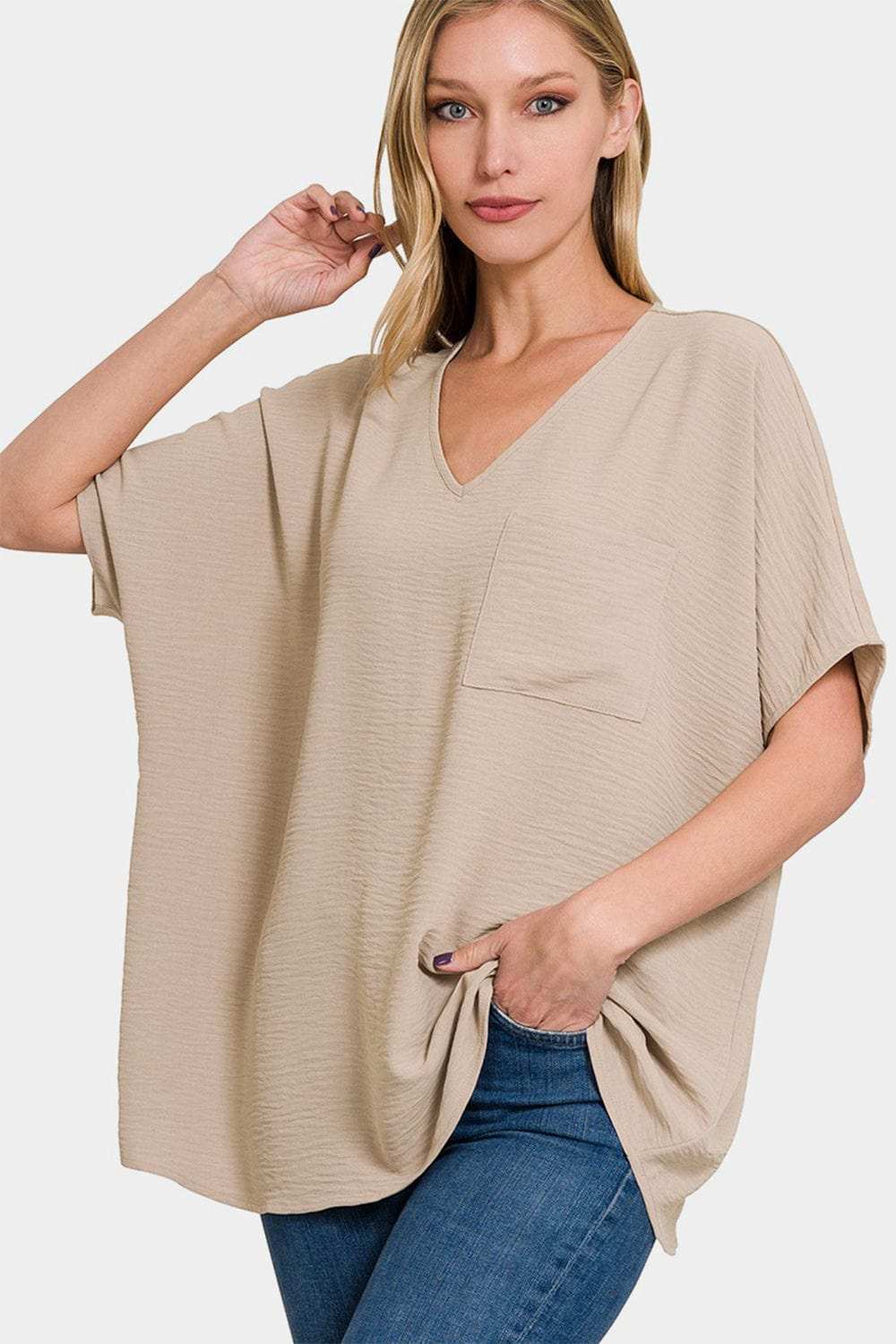 Zenana Full Size Texture V-Neck Short Sleeve Top - Trendsi - Flyclothing LLC