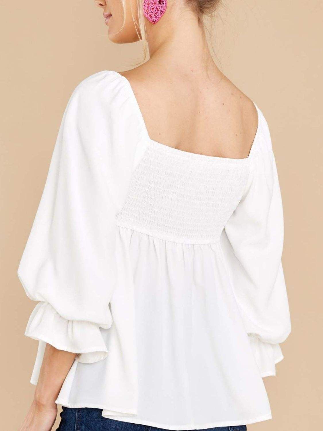 Smocked Square Neck Flounce Sleeve Blouse - Trendsi - Flyclothing LLC