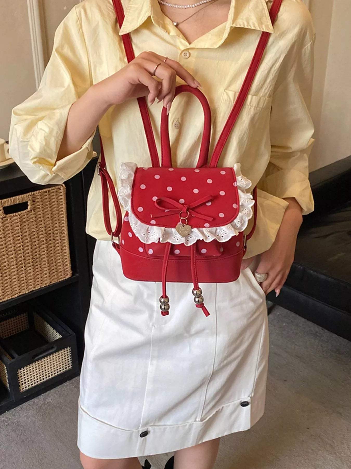 Polka Dot Lace Trim Backpack Bag - Trendsi - Flyclothing LLC