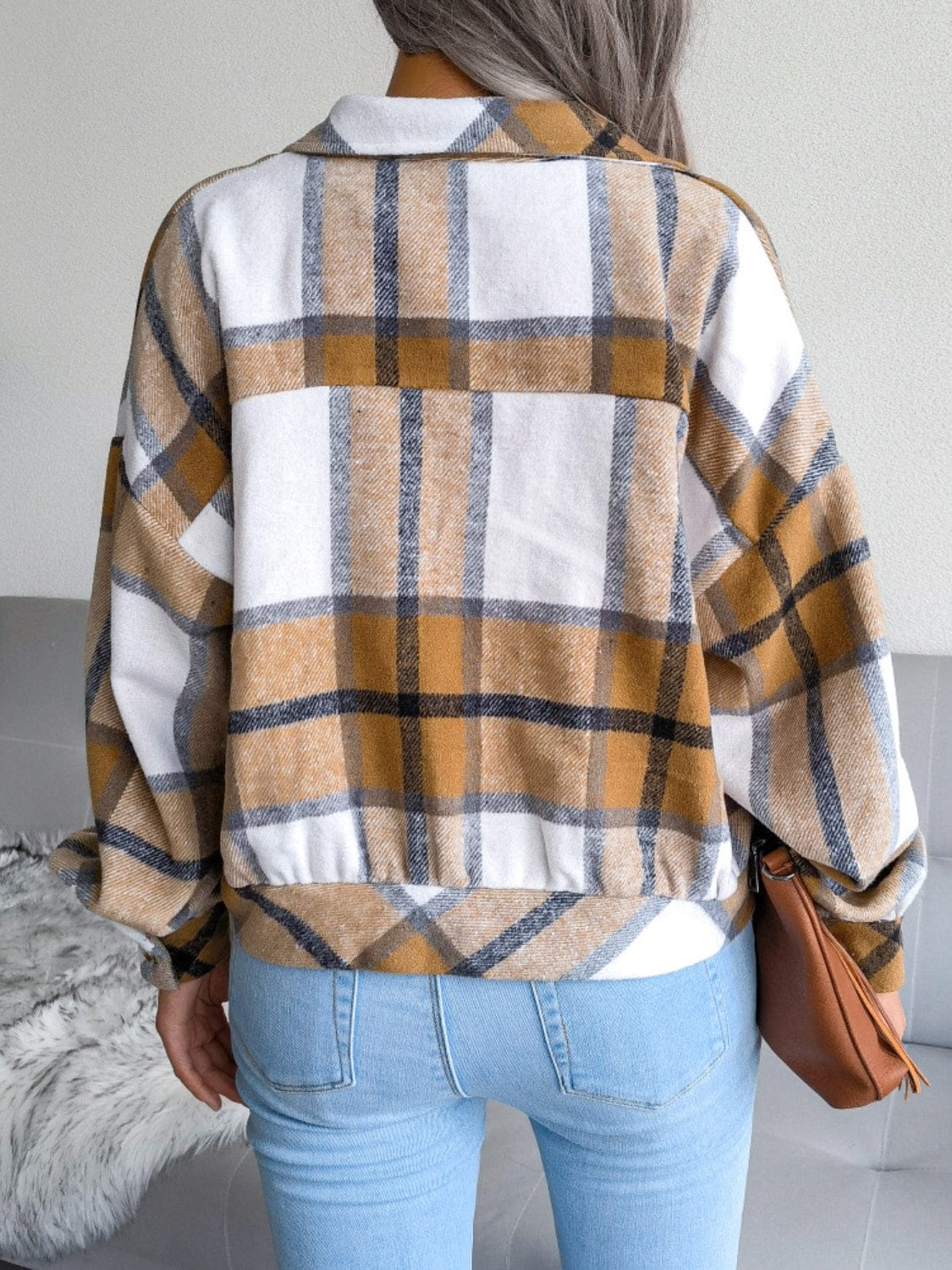 Plaid Collared Neck Long Sleeve Jacket - Trendsi