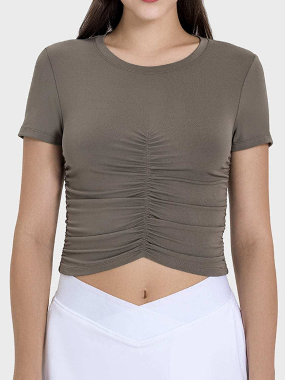 Ruched Round Neck Short Sleeve Active T-Shirt - Trendsi - Flyclothing LLC