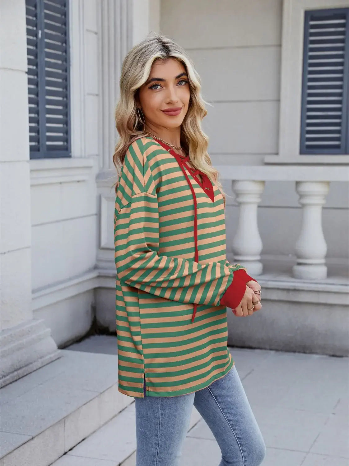 Lace-Up Striped Long Sleeve T-Shirt - Trendsi - Flyclothing LLC
