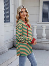 Lace-Up Striped Long Sleeve T-Shirt - Trendsi - Flyclothing LLC