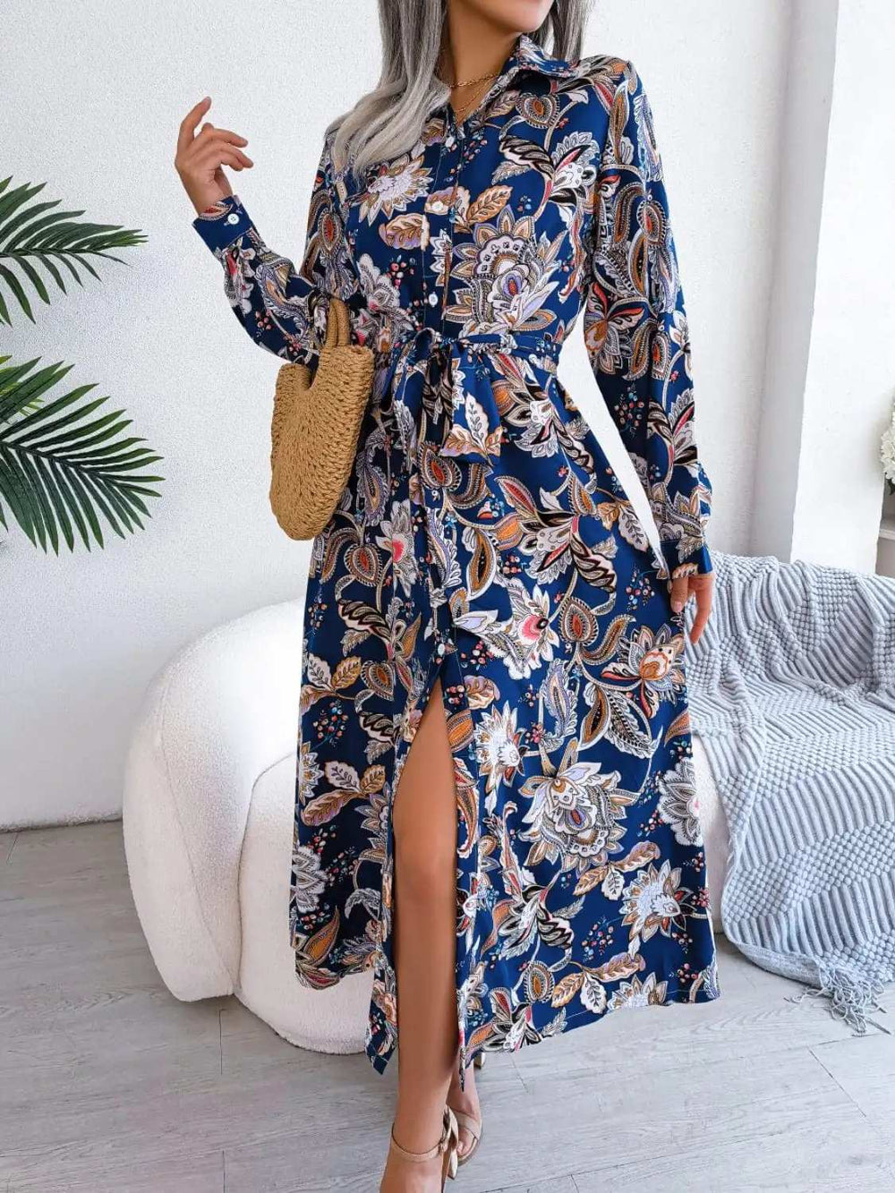 Tied Printed Long Sleeve Midi Dress - Trendsi - Flyclothing LLC