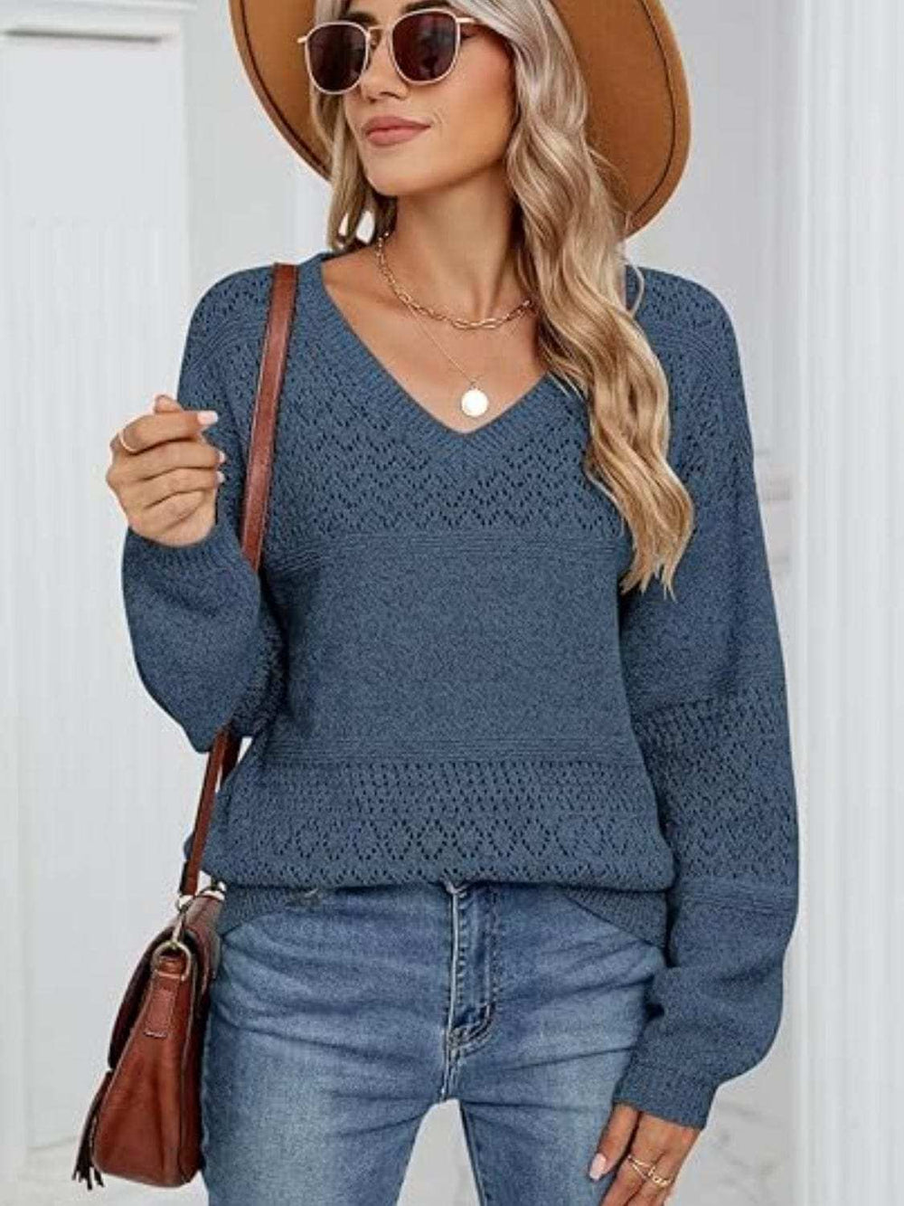 Eyelet V-Neck Long Sleeve Sweater - Trendsi - Flyclothing LLC