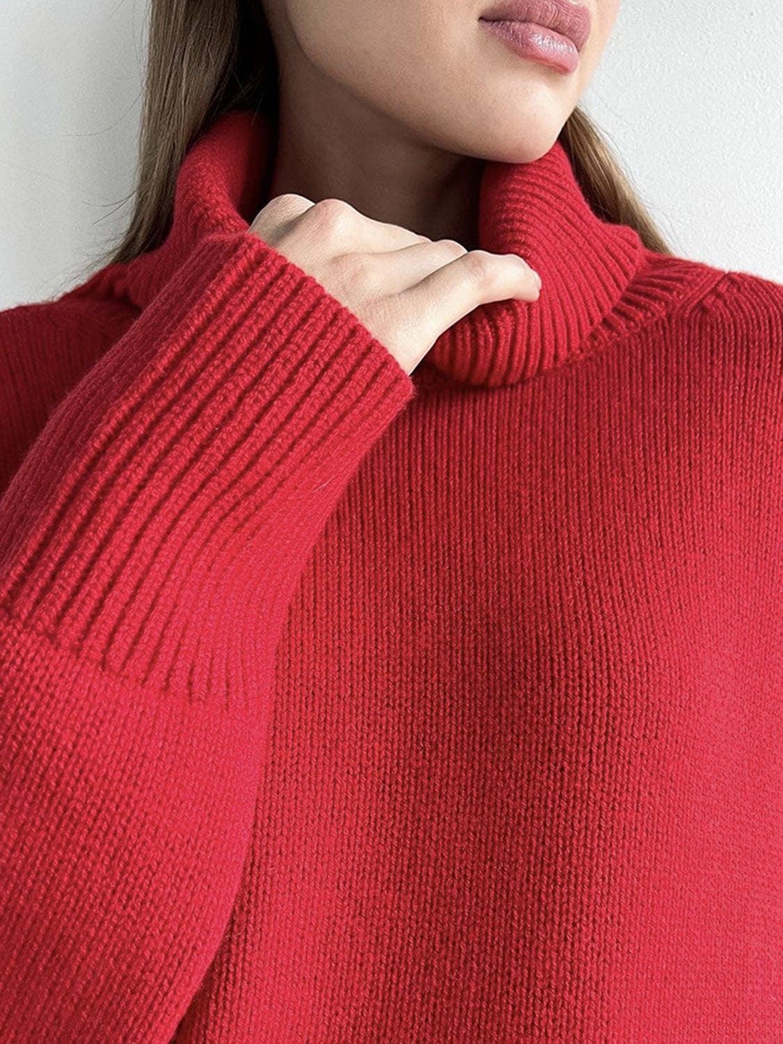 Ribbed Detail Turtleneck Dropped Shoulder Sweater - Trendsi