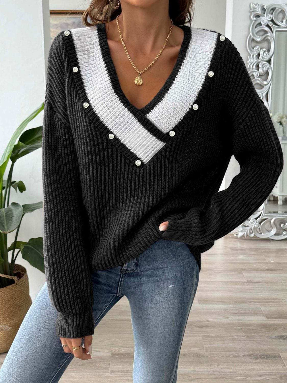 Contrast Trim Dropped Shoulder Long Sleeve Sweater - Trendsi - Flyclothing LLC