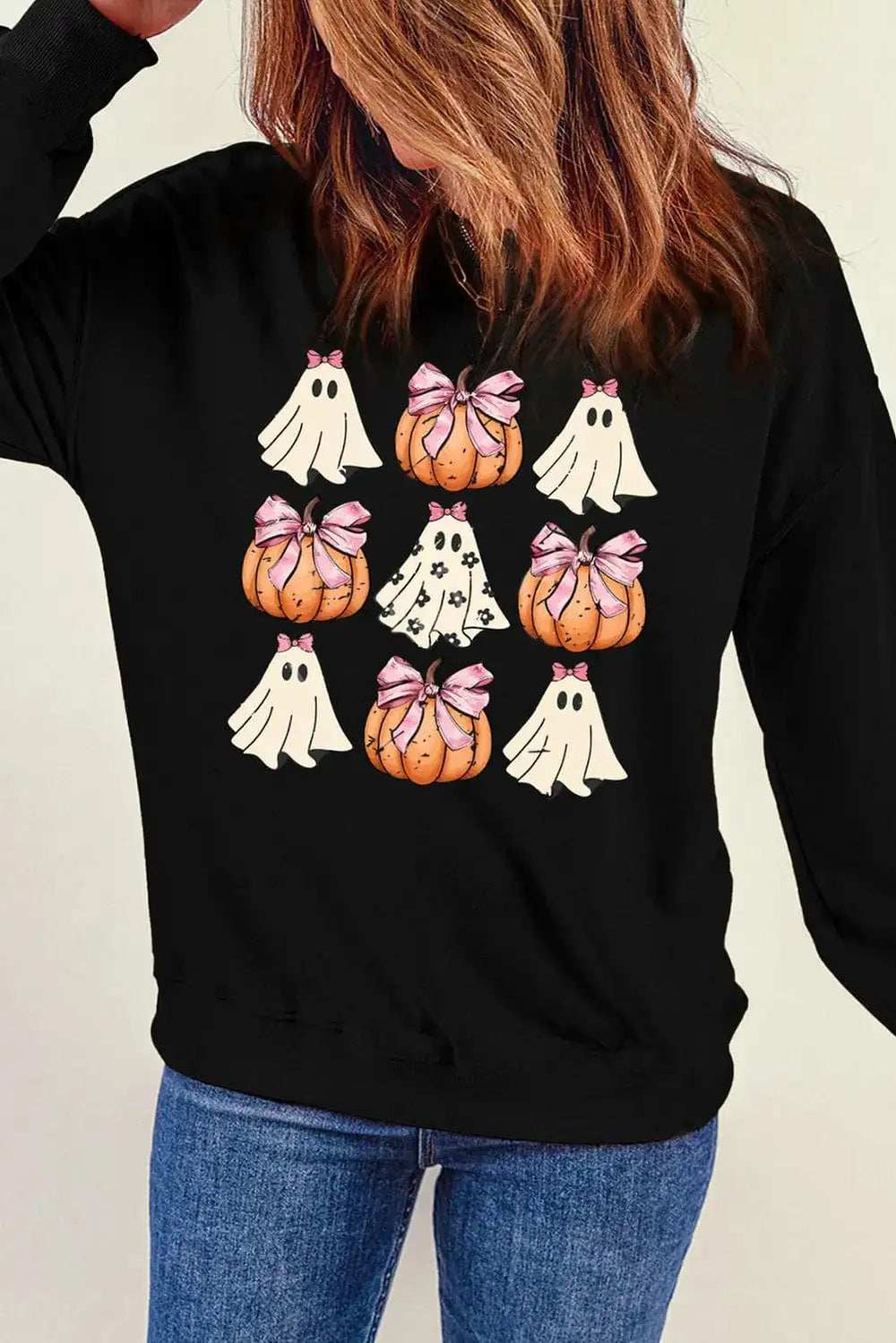 Pumpkin & Ghost Round Neck Long Sleeve Sweatshirt - Trendsi - Flyclothing LLC