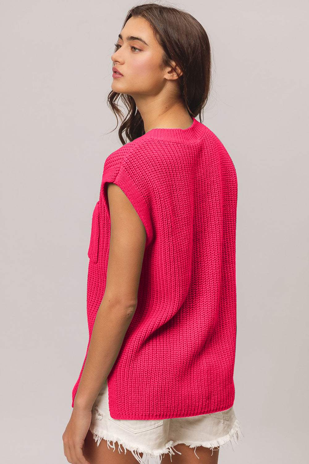 BiBi Patch Pocket Cap Sleeve Sweater Top - Trendsi - Flyclothing LLC