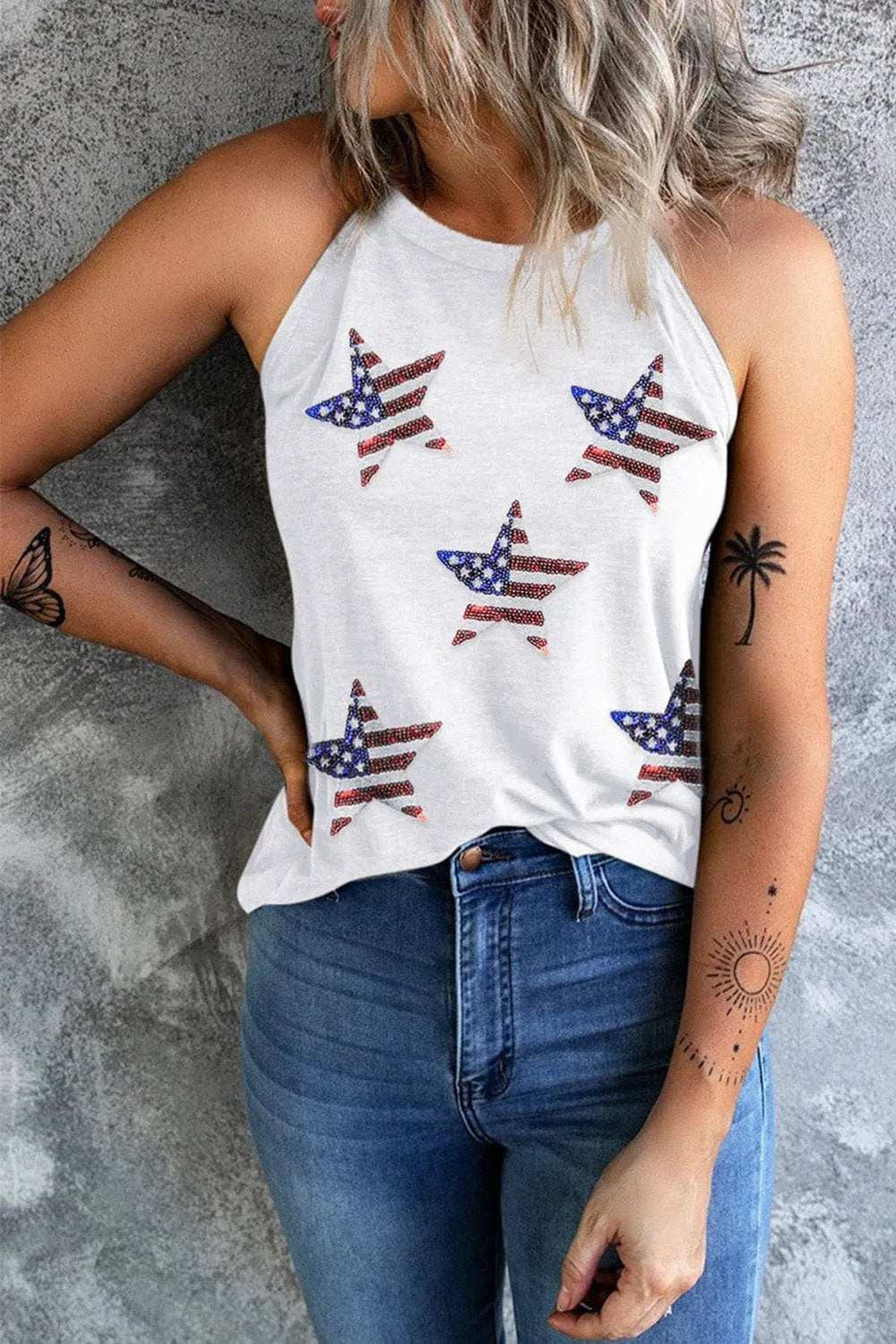 Sequin US Flag Star Grecian Neck Tank - Trendsi - Flyclothing LLC