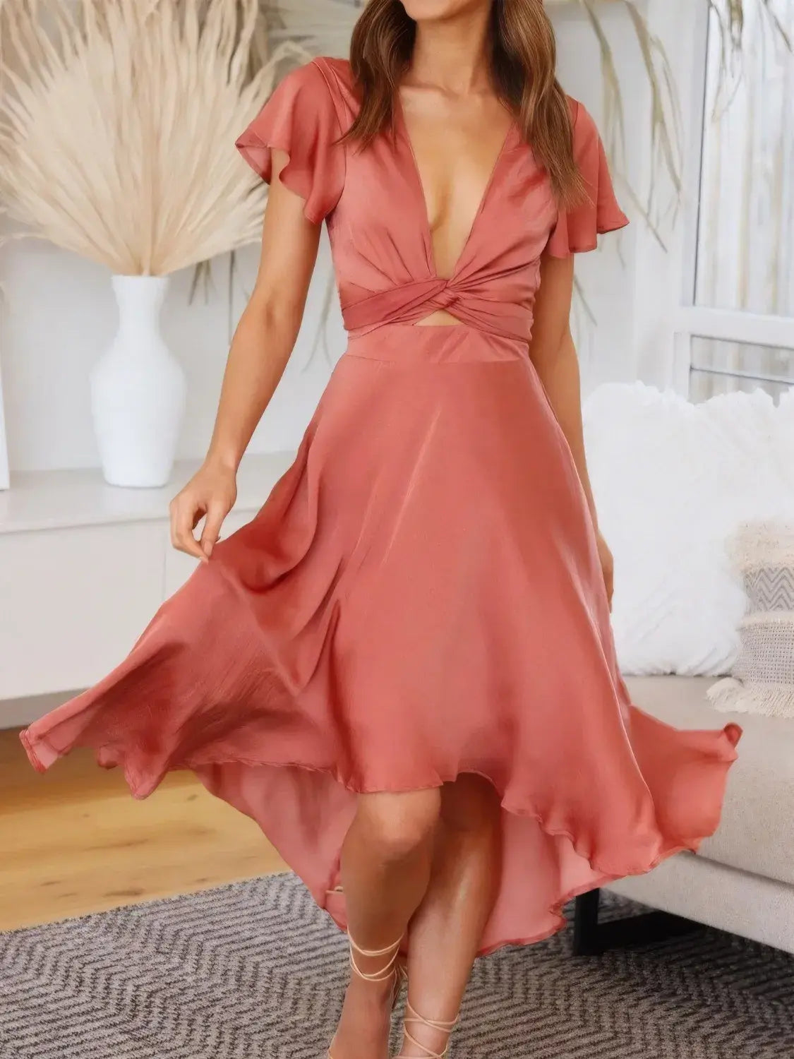 High-Low Plunge Flutter Sleeve Dress - Trendsi - Flyclothing LLC