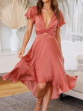High-Low Plunge Flutter Sleeve Dress - Trendsi