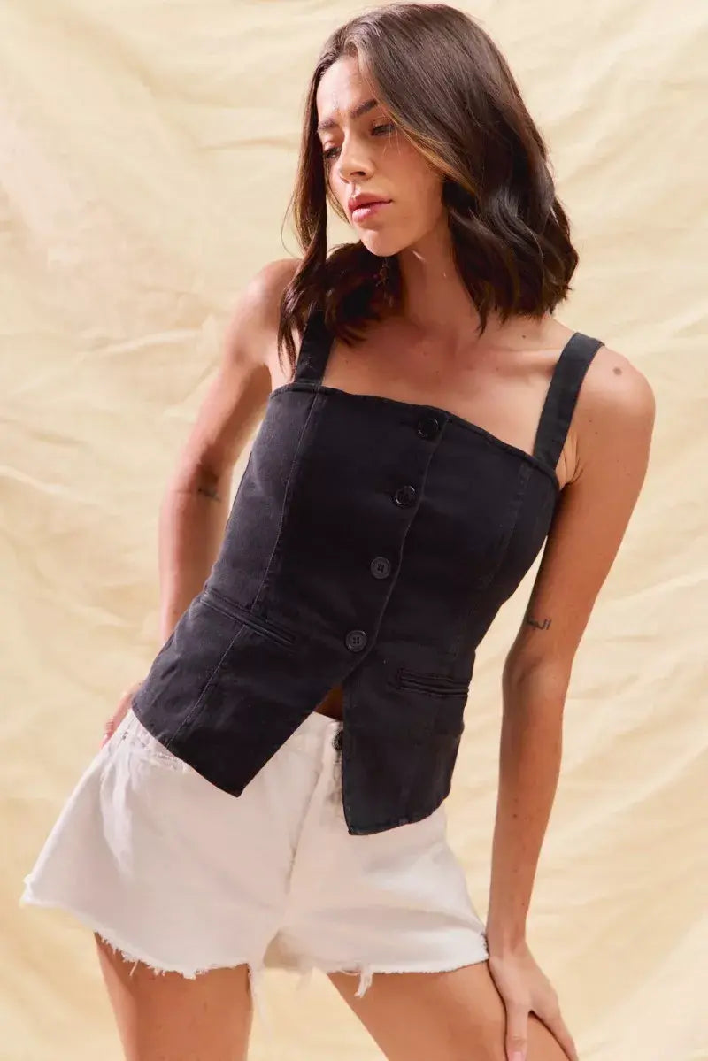 SO ME Button Down Sleeveless Game Day Fitted Denim Top - Trendsi - Flyclothing LLC