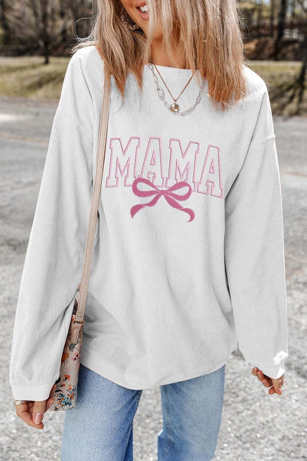 MAMA Bow Round Neck Long Sleeve Sweatshirt - Trendsi - Flyclothing LLC