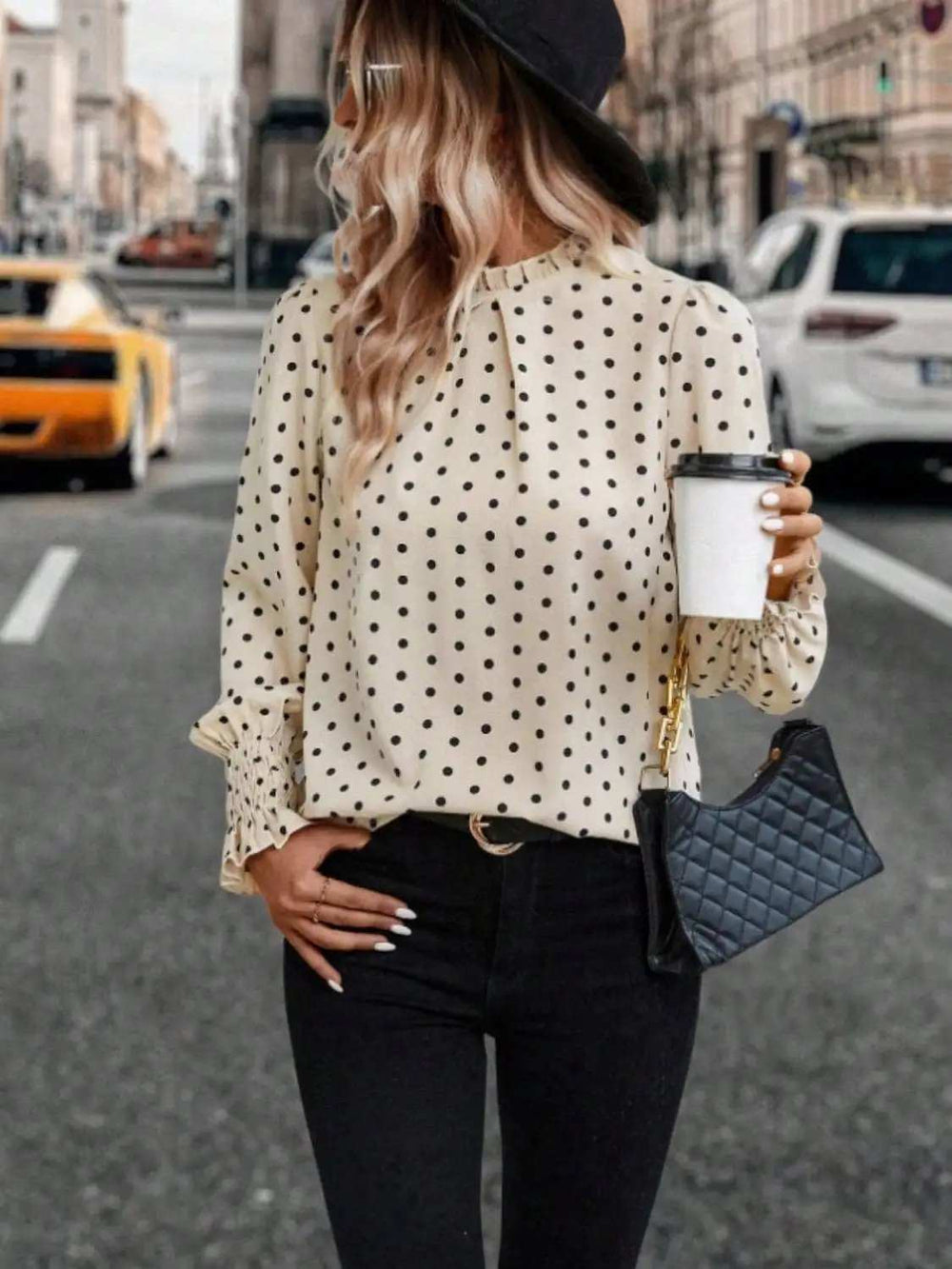 Polka Dot Mock Neck Long Sleeve Blouse - Trendsi - Flyclothing LLC